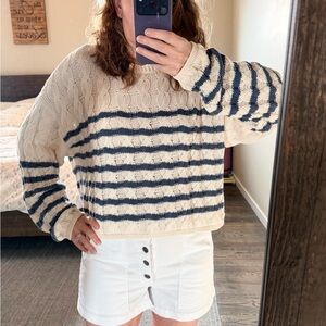 Striped Open Knit Sweater - Cream & Blue